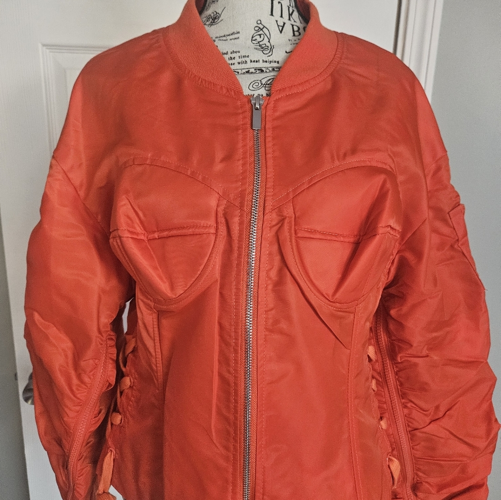 AKIRA Women's Orange Bralette Lace Bomber Jacket